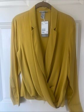 Nwt’s H & M Gold Mustard Silk Drape Front Blouse Top